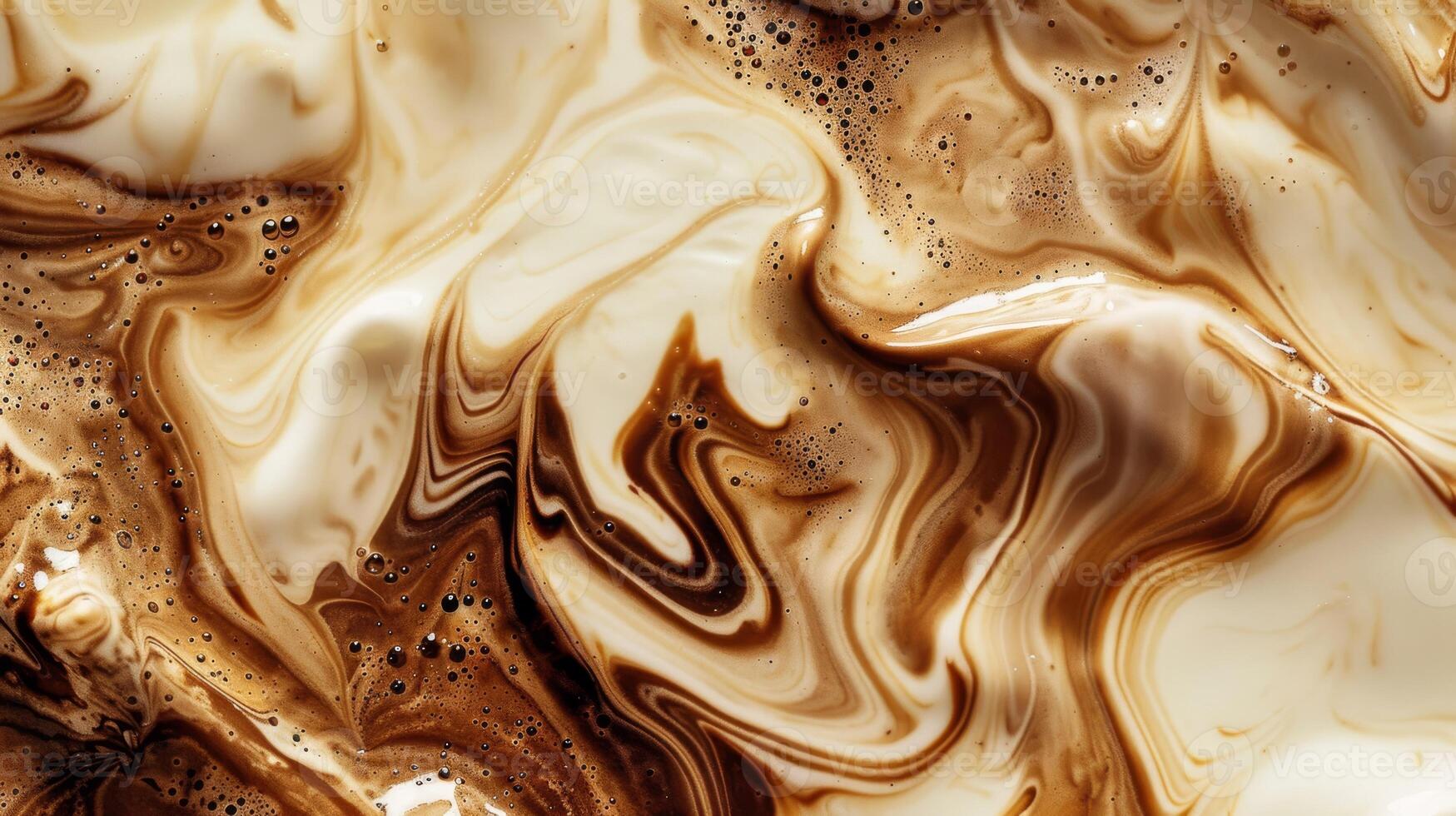 Close up abstract brown caramel shapes latte art in coffee. Liquid texture coffee background macro. Cappuccino and milk foam close up view. High quality photo