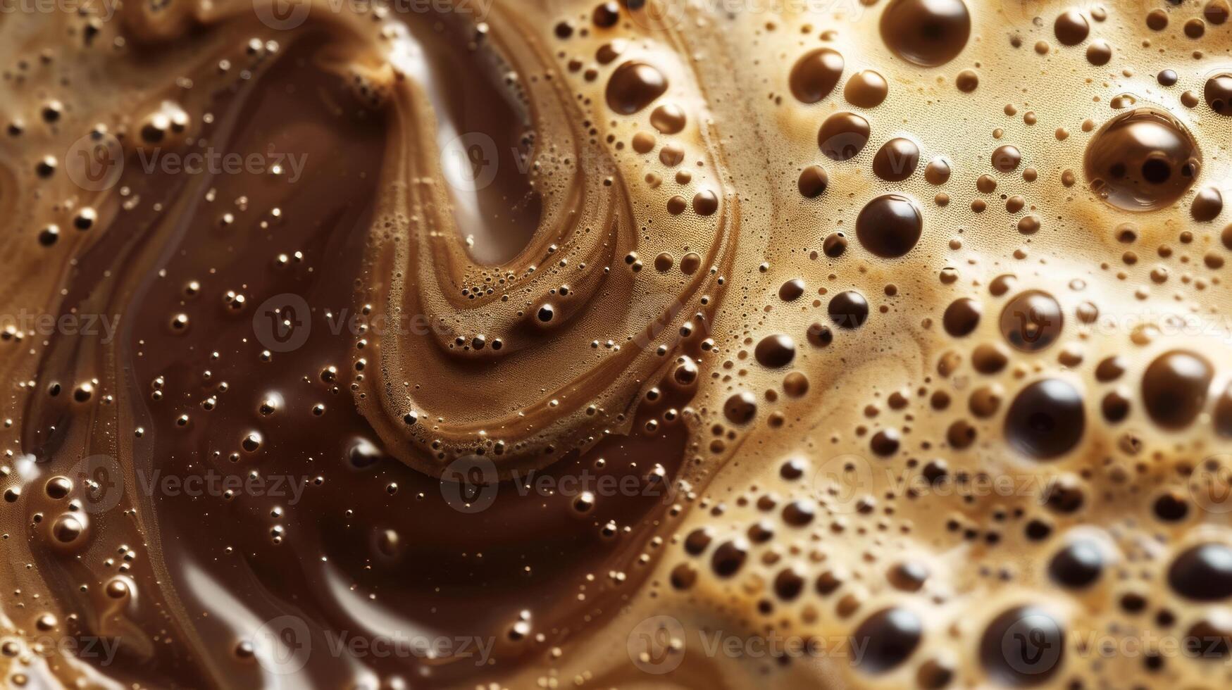 Close up abstract brown caramel shapes latte art in coffee. Liquid texture coffee background macro. Cappuccino and milk foam close up view. High quality photo
