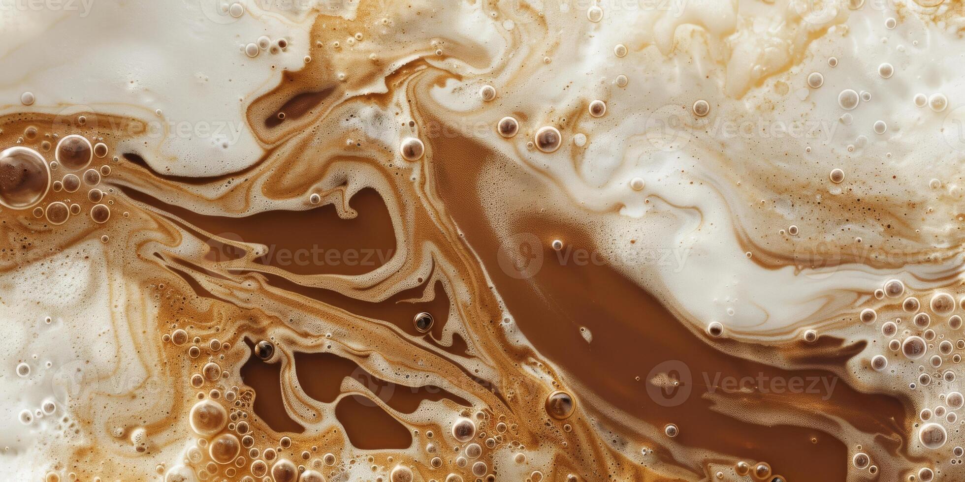 Close up abstract brown caramel shapes latte art in coffee. Liquid texture coffee background macro. Cappuccino and milk foam close up view. High quality photo