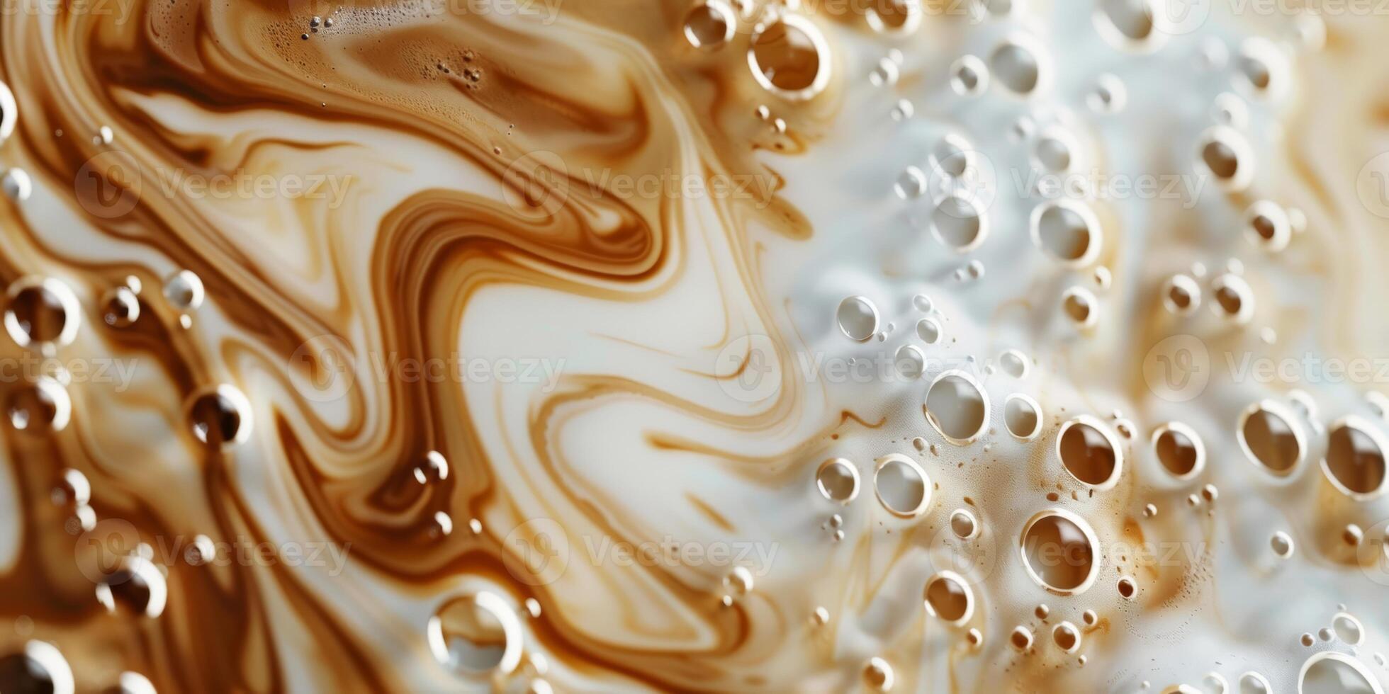 Close up abstract brown caramel shapes latte art in coffee. Liquid texture coffee background macro. Cappuccino and milk foam close up view. High quality photo