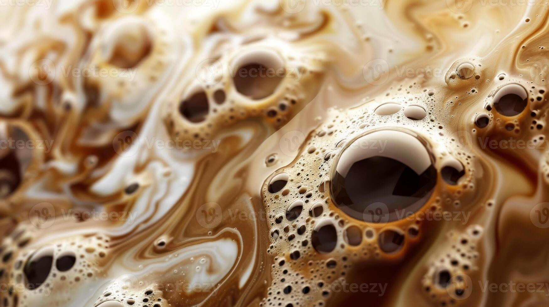Close up abstract brown caramel shapes latte art in coffee. Liquid texture coffee background macro. Cappuccino and milk foam close up view. High quality photo