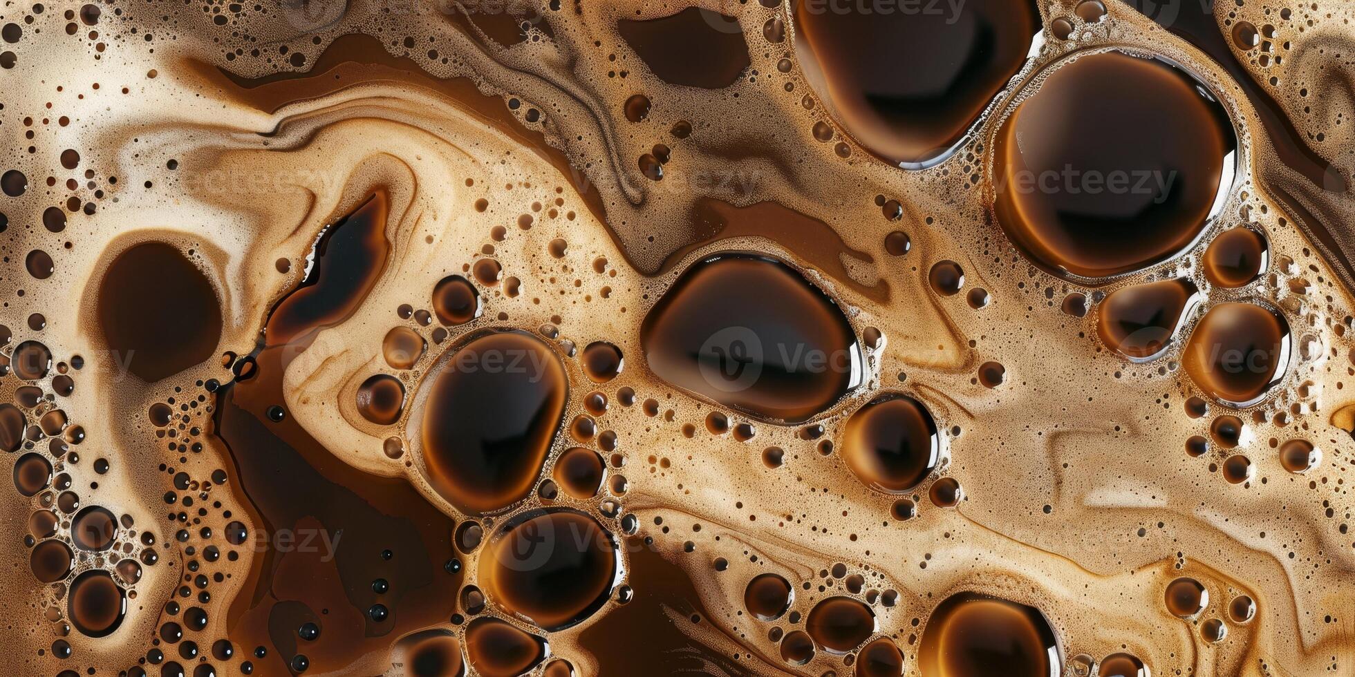 Close up abstract brown caramel shapes latte art in coffee. Liquid texture coffee background macro. Cappuccino and milk foam close up view. High quality photo
