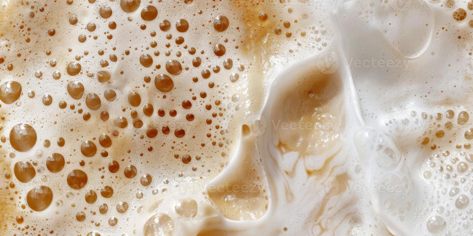 Close up abstract brown caramel shapes latte art in coffee. Liquid texture coffee background macro. Cappuccino and milk foam close up view. High quality photo
