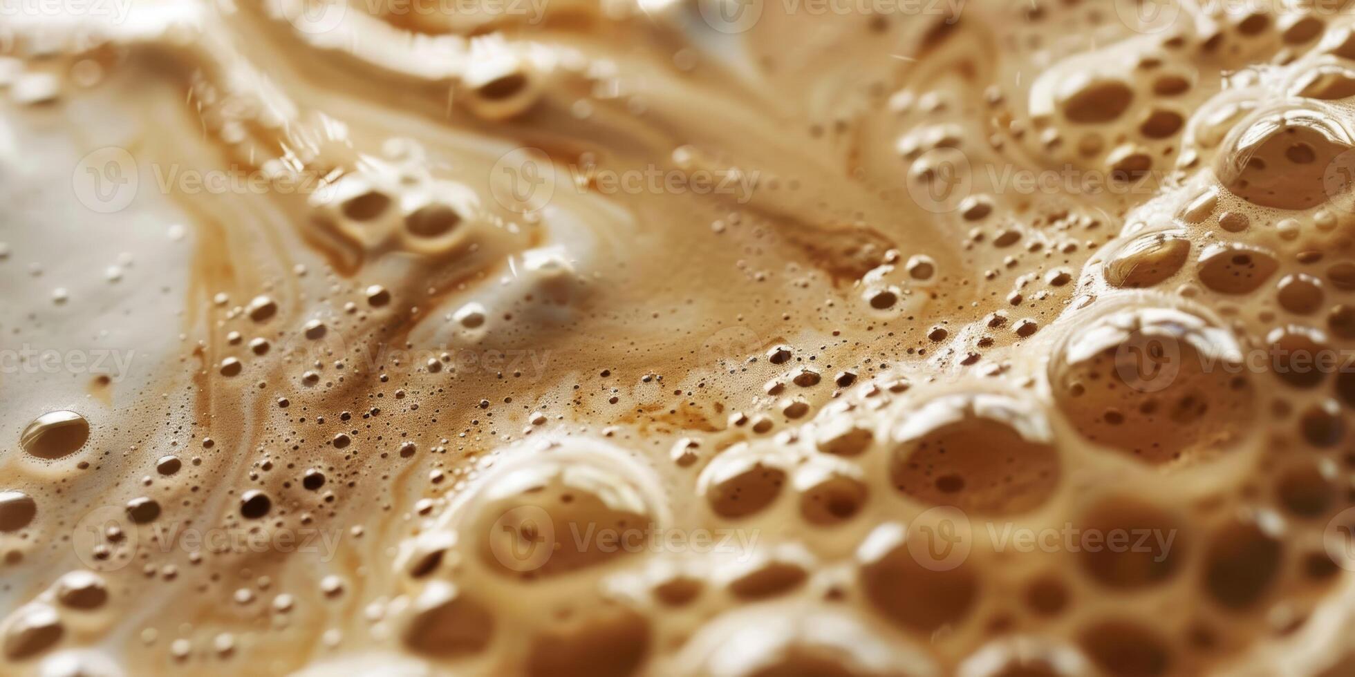 Close up abstract brown caramel shapes latte art in coffee. Liquid texture coffee background macro. Cappuccino and milk foam close up view. High quality photo