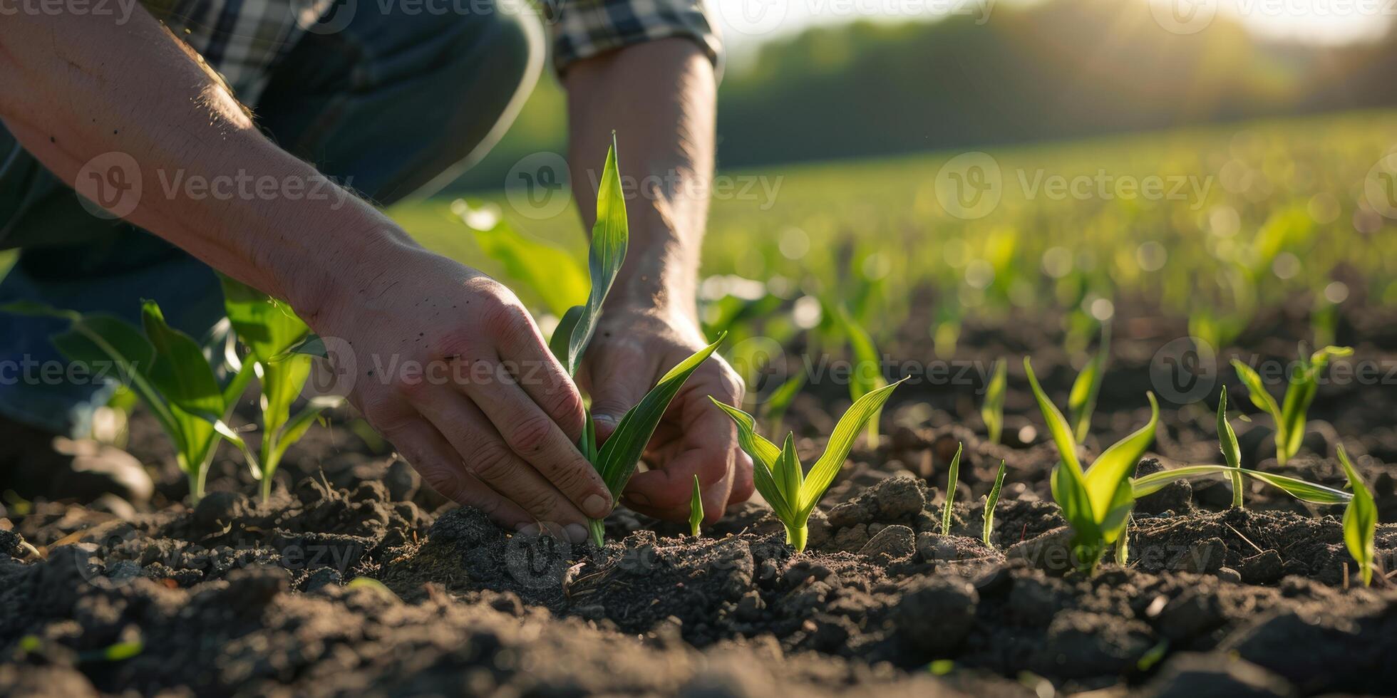 Farmer agronomist standing in green field, holding corn leaf in hands and analyzing maize crop. Agriculture, organic gardening, planting or ecology concept. High quality photo