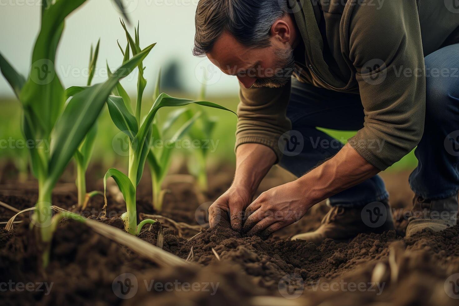Farmer agronomist standing in green field, holding corn leaf in hands and analyzing maize crop. Agriculture, organic gardening, planting or ecology concept. High quality photo