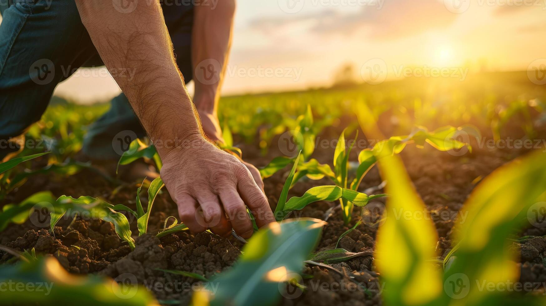 Farmer agronomist standing in green field, holding corn leaf in hands and analyzing maize crop. Agriculture, organic gardening, planting or ecology concept. High quality photo