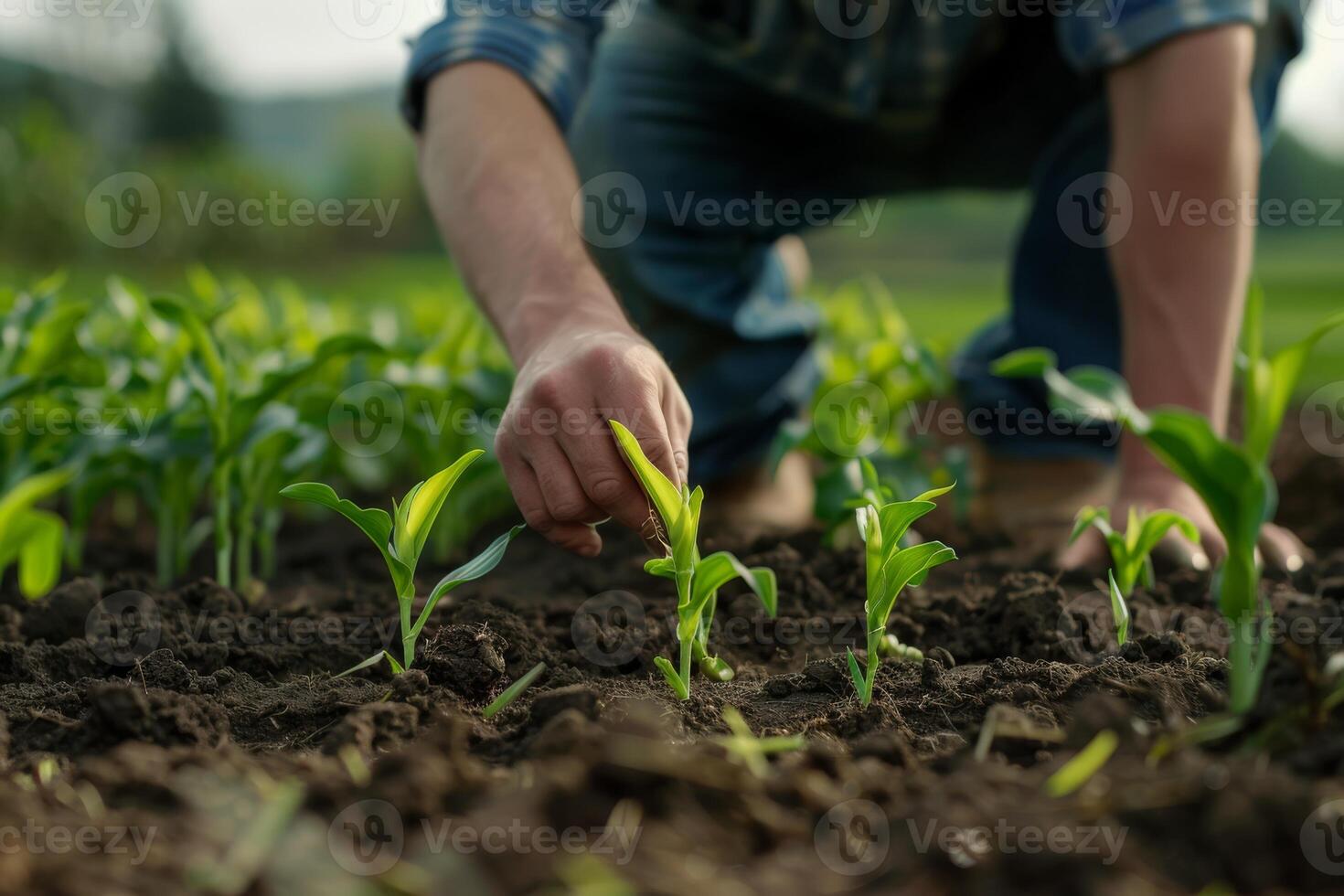 Farmer agronomist standing in green field, holding corn leaf in hands and analyzing maize crop. Agriculture, organic gardening, planting or ecology concept. High quality photo