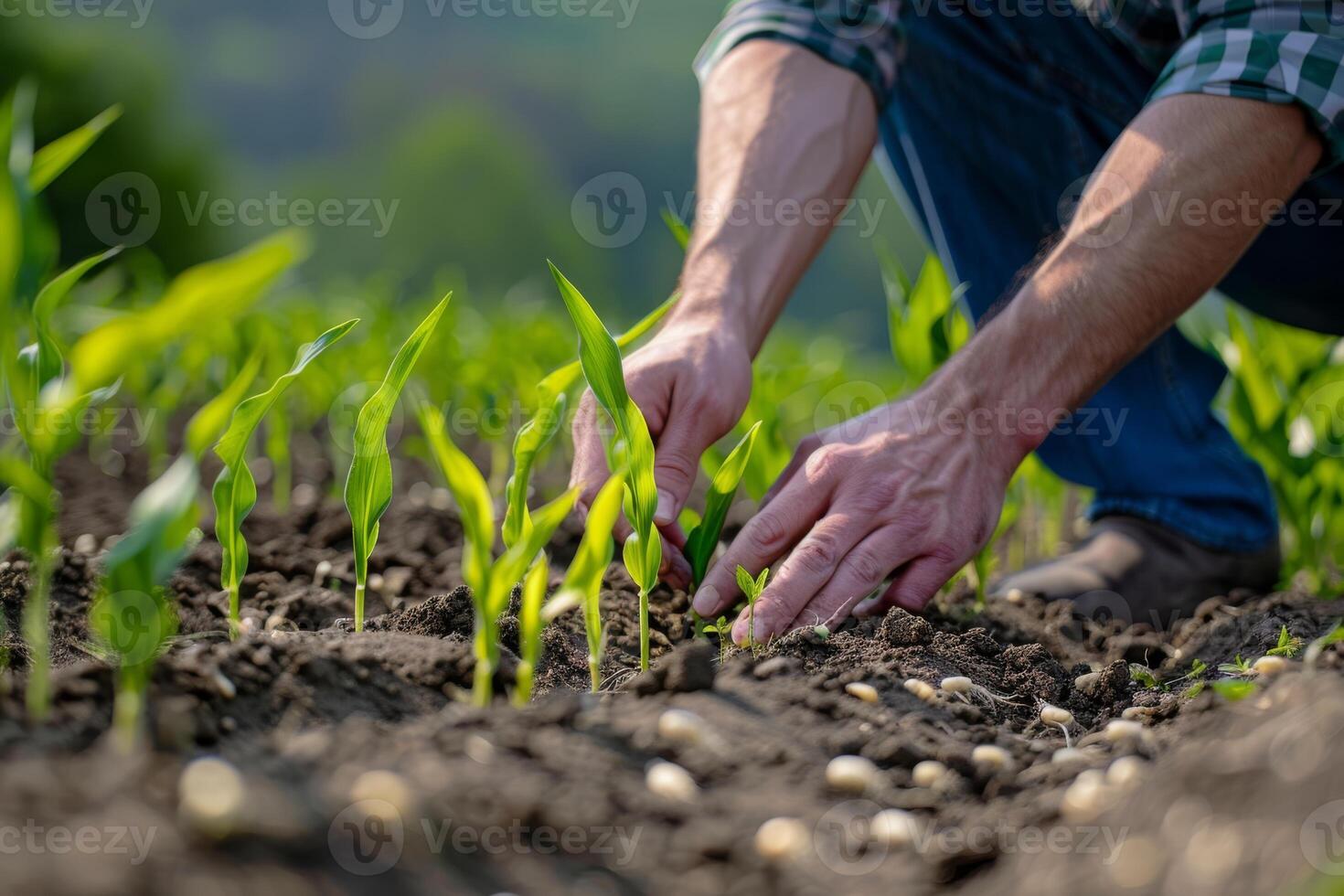 Farmer agronomist standing in green field, holding corn leaf in hands and analyzing maize crop. Agriculture, organic gardening, planting or ecology concept. High quality photo