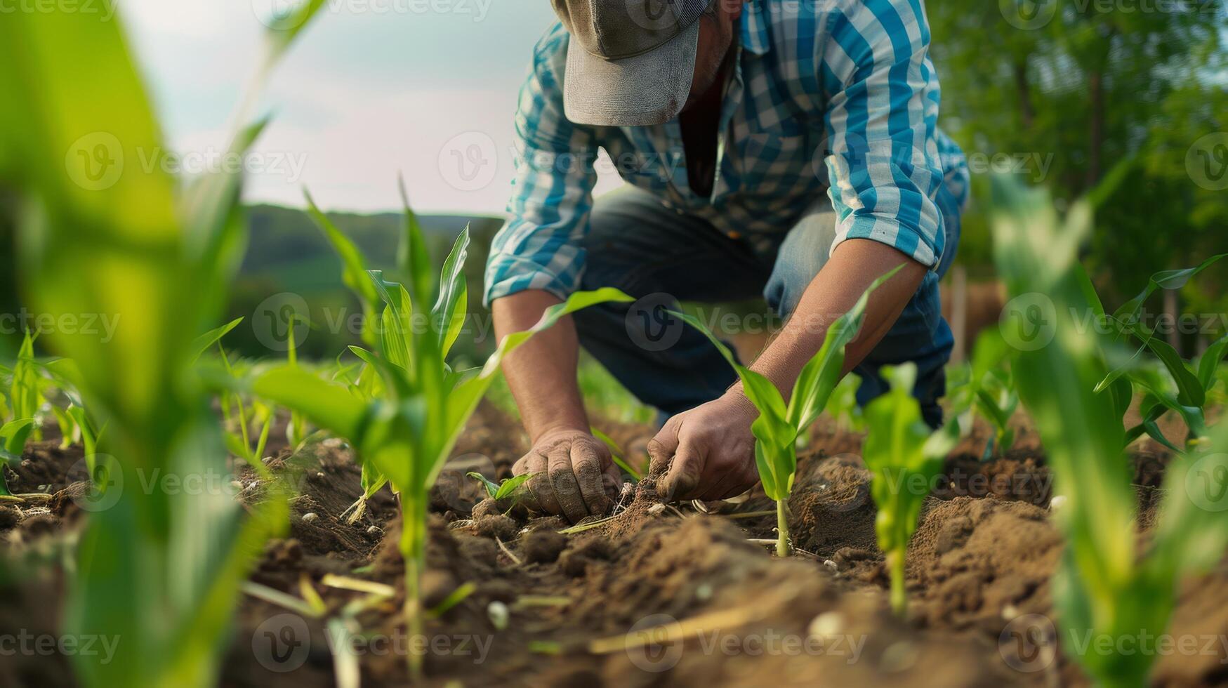 Farmer agronomist standing in green field, holding corn leaf in hands and analyzing maize crop. Agriculture, organic gardening, planting or ecology concept. High quality photo