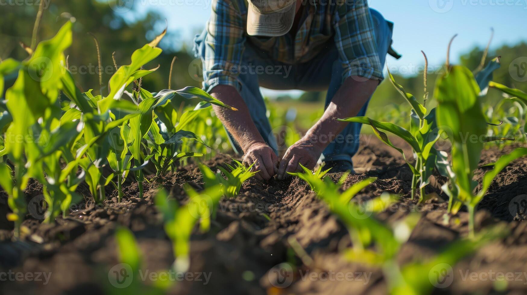 Farmer agronomist standing in green field, holding corn leaf in hands and analyzing maize crop. Agriculture, organic gardening, planting or ecology concept. High quality photo