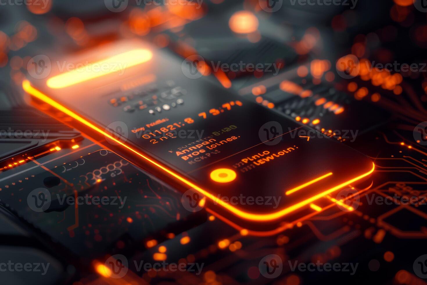 A closeup image of a cell phone placed on a motherboard, showcasing circuit components and electronic engineering. The amber light enhances the font on the communication device. High quality photo
