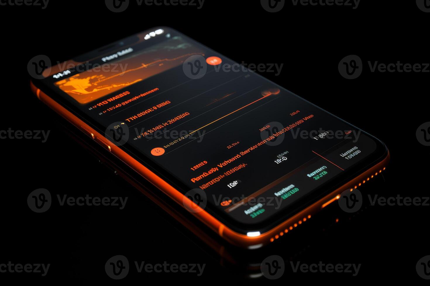 A close up of a mobile phone, resting on a table. Finance and Banking, payment in mobile app, real photo, black background, orange neon. High quality photo