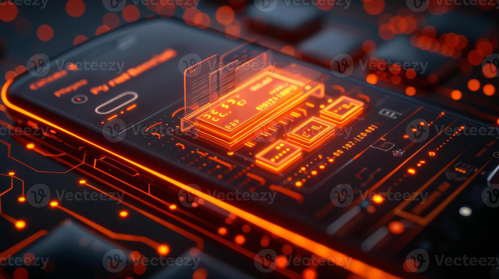 A closeup photo of a cell phone with a circuit board in the background, showcasing electronic engineering and components like computer hardware and electric orange color. High quality photo