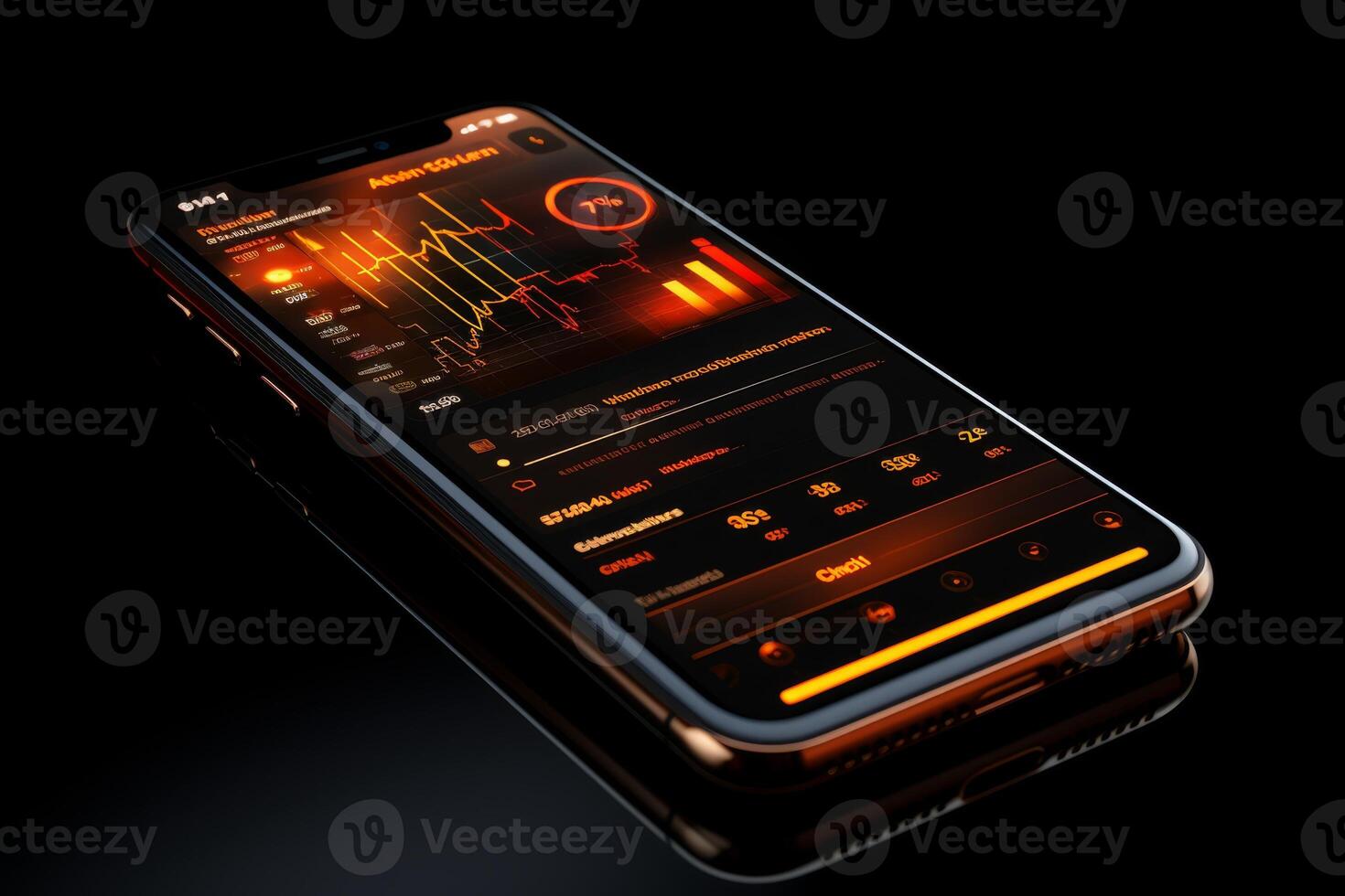 Cryptocurrency exchange mobile trading Bitcoin. Smartphone with bitcoins golden coins stack and exchange trading graph. 3d rendering illustration photo