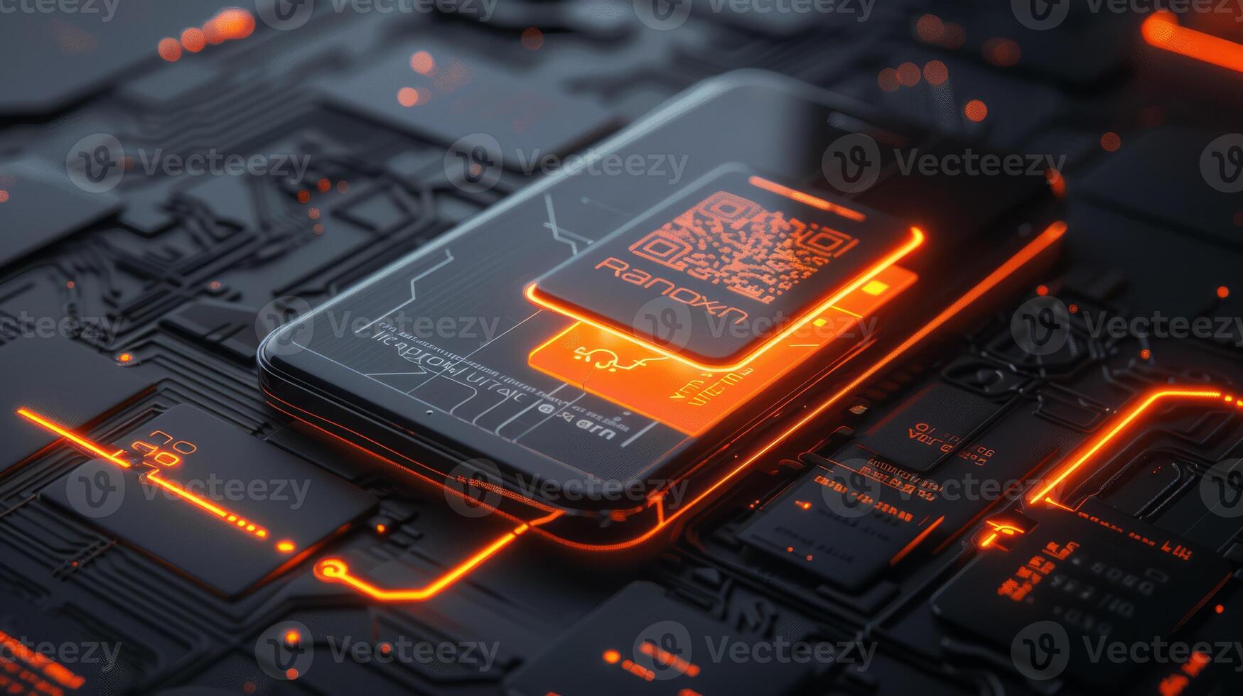 A closeup photo of a cell phone with a circuit board in the background, showcasing electronic engineering and components like computer hardware and electric orange color. High quality photo