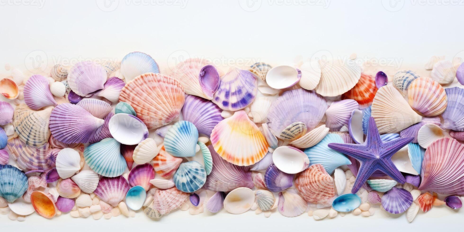 A collection of vibrant sea shells arranged symmetrically on a white surface, showcasing natural beauty and intricate patterns in electric blue, magenta, and other hues. High quality photo