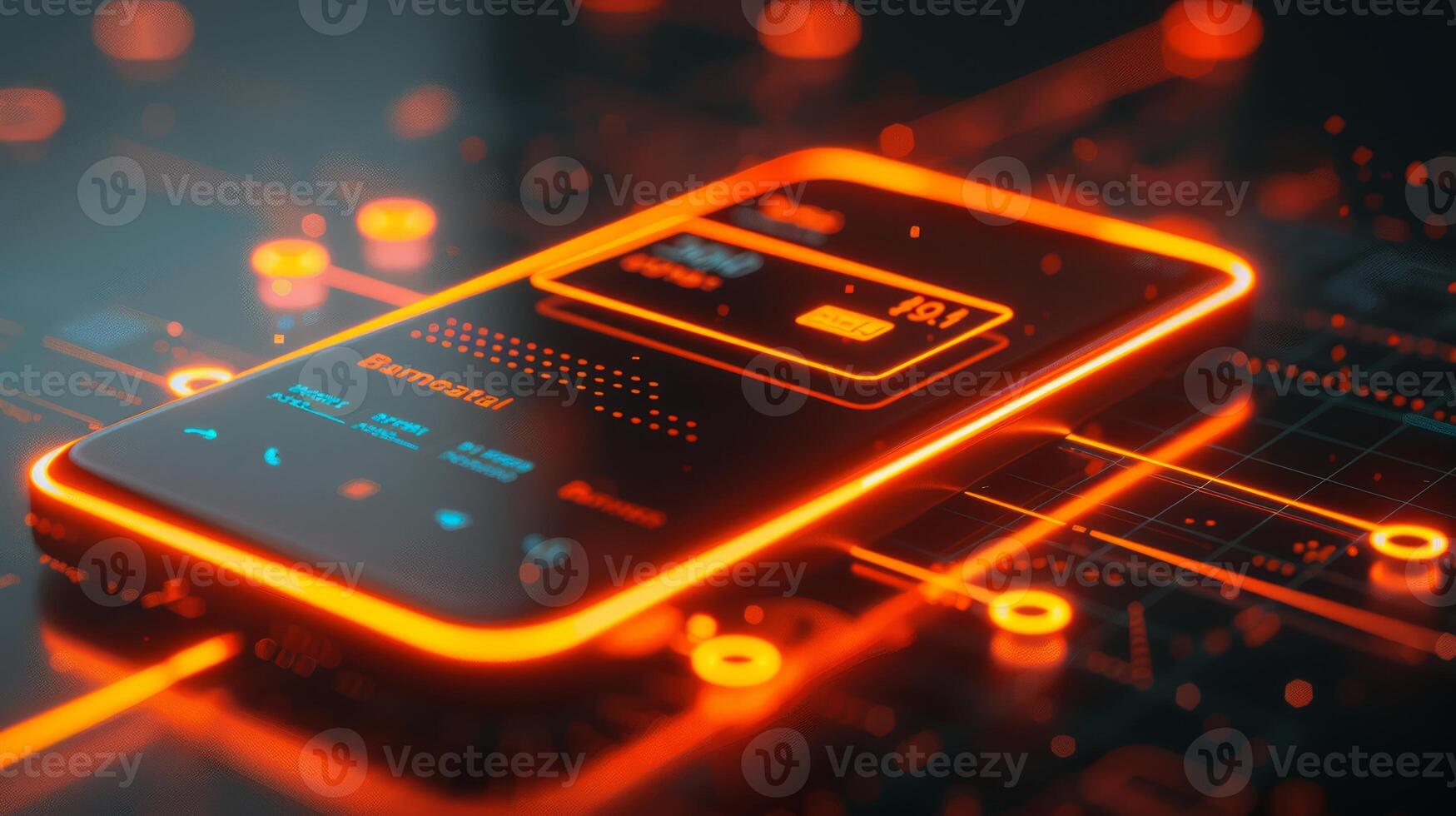 A closeup image of a cell phone placed on a motherboard, showcasing circuit components and electronic engineering. The amber light enhances the font on the communication device. High quality photo