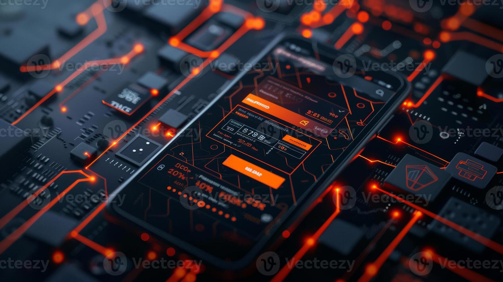 A closeup photo of a cell phone with a circuit board in the background, showcasing electronic engineering and components like computer hardware and electric orange color. High quality photo