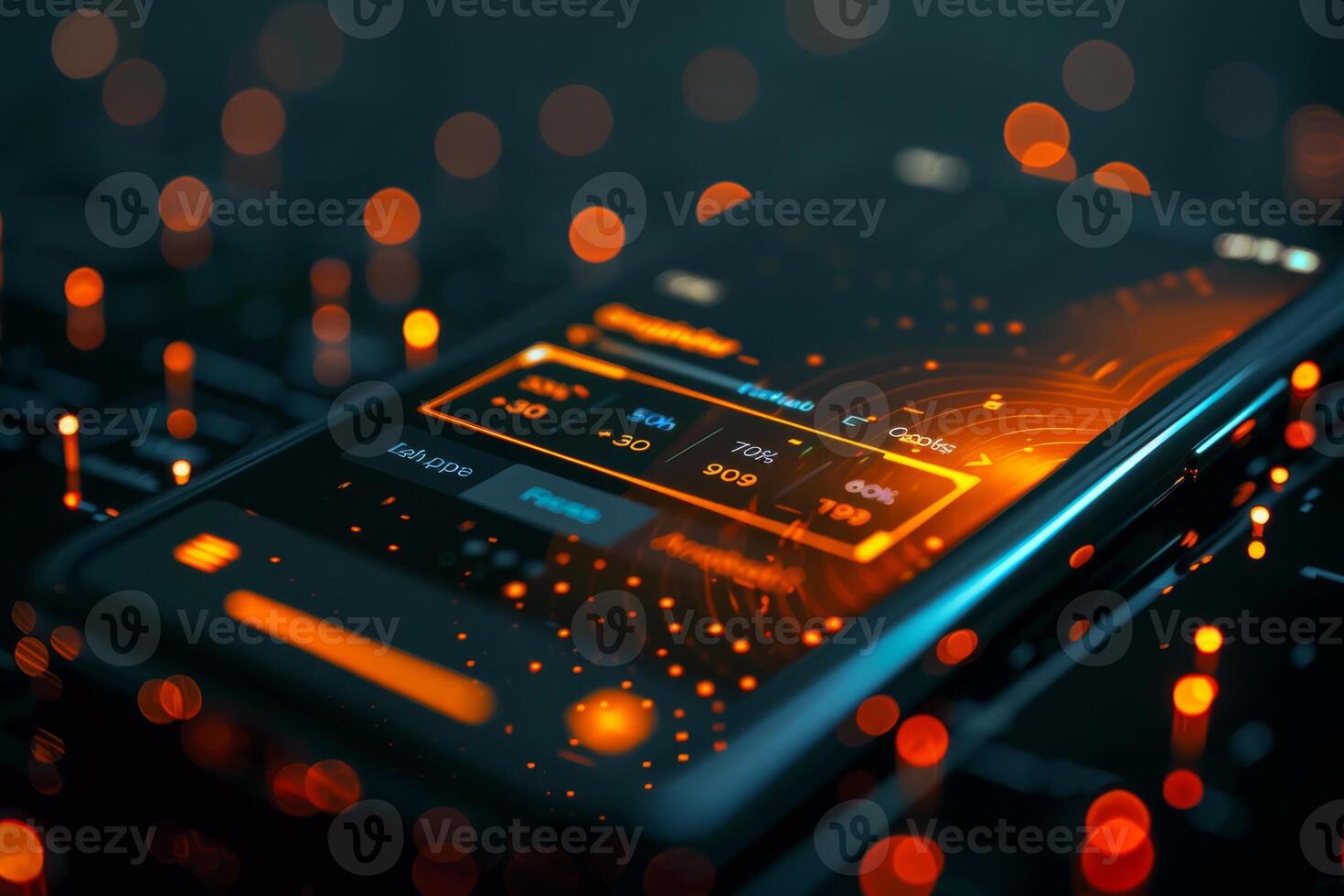 A closeup image of a cell phone placed on a motherboard, showcasing circuit components and electronic engineering. The amber light enhances the font on the communication device. High quality photo