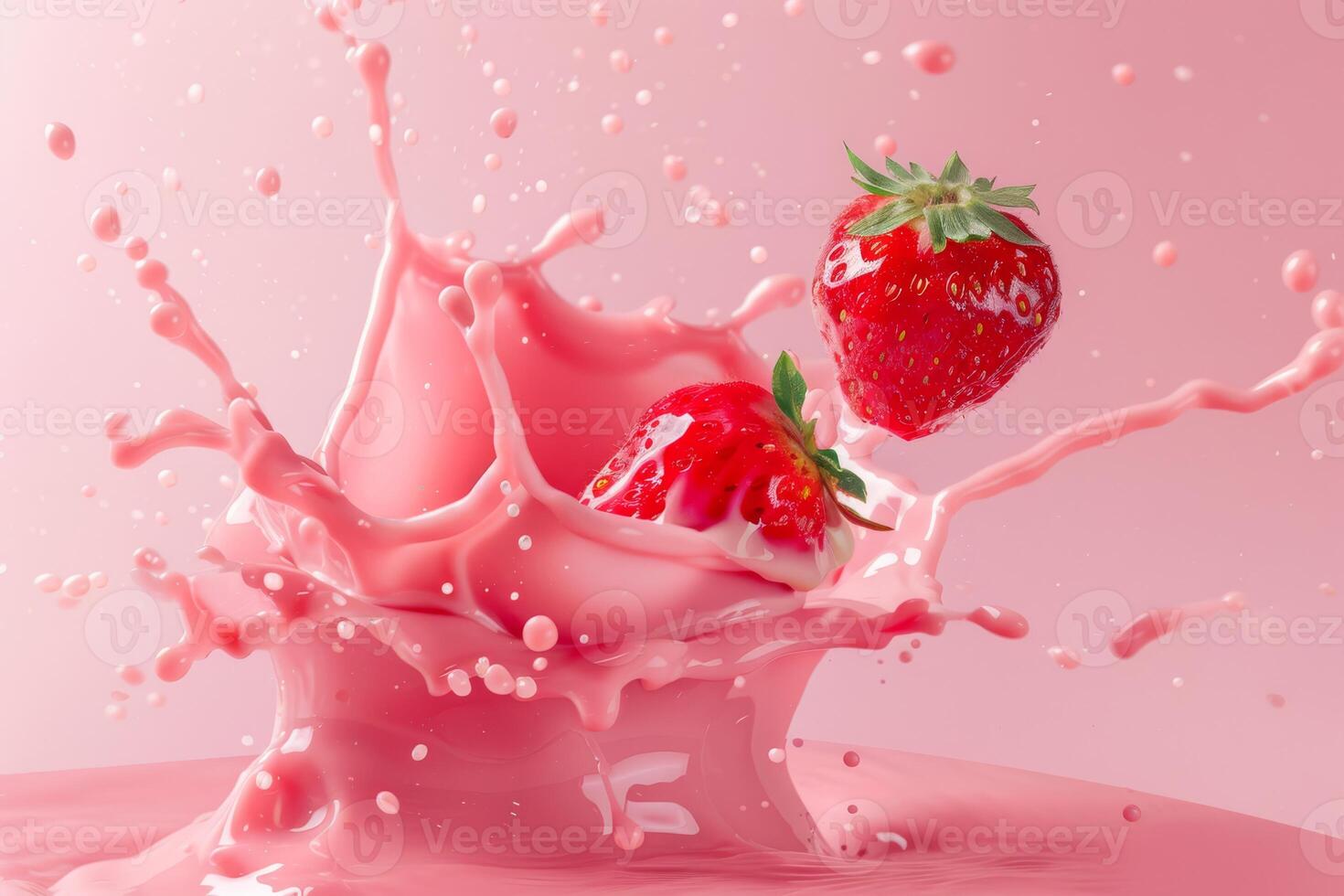 Strawberries with milk waves, Strawberry drink and strawberry yogurt advertising design. Strawberry milk shake, 3d render. High quality photo