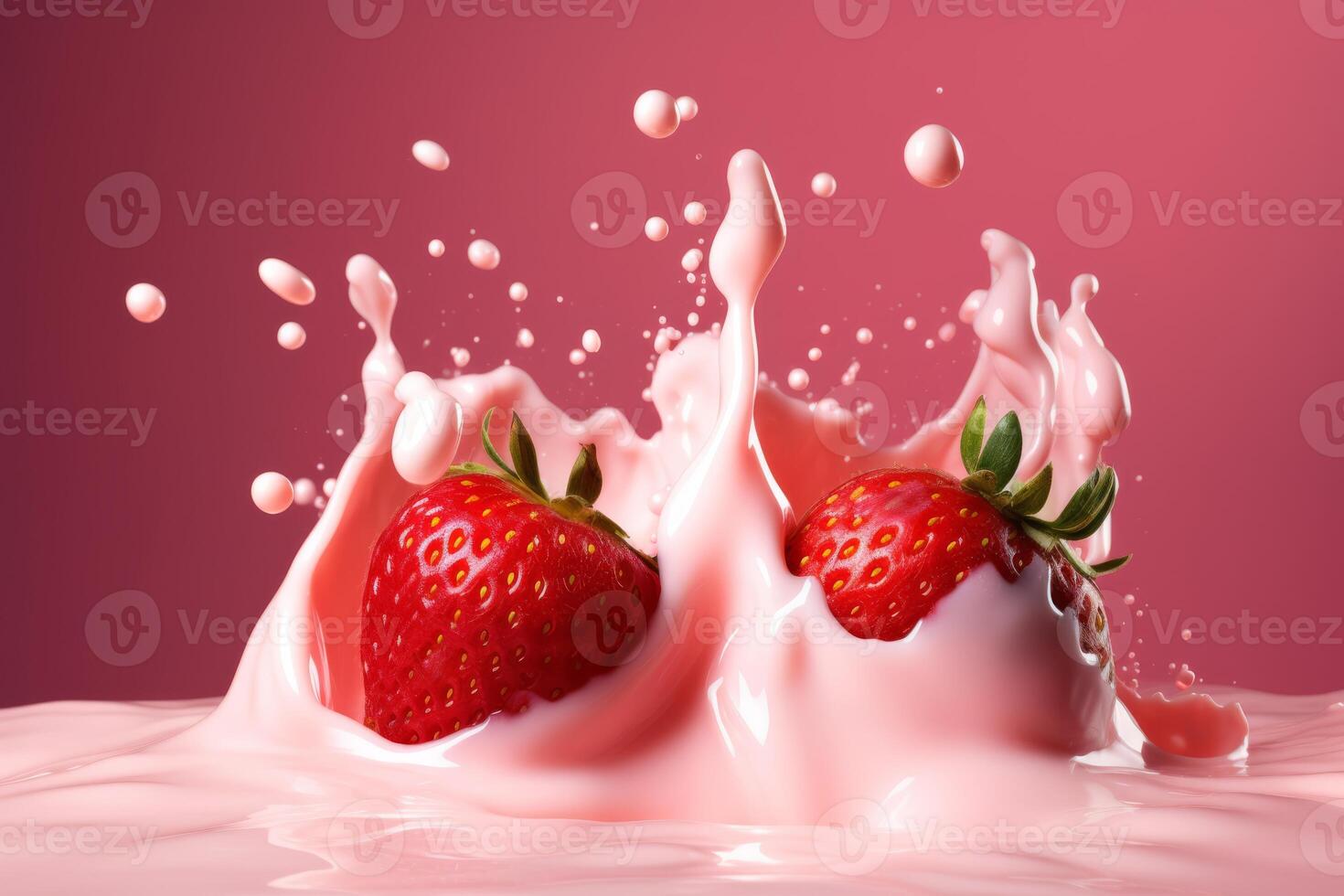 Strawberries with milk waves, Strawberry drink and strawberry yogurt advertising design. Strawberry milk shake, 3d render. High quality photo