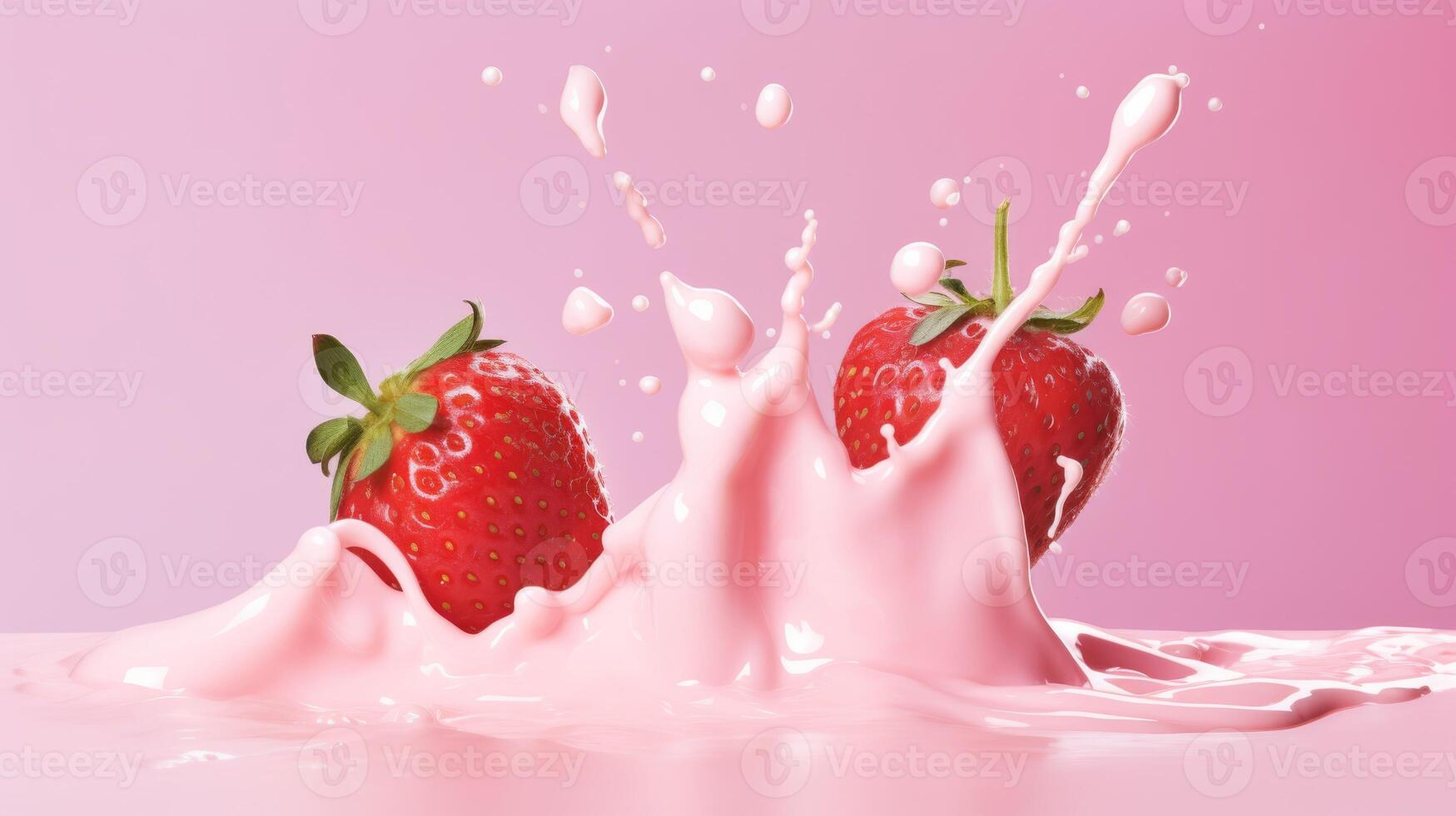 Strawberries with milk waves, Strawberry drink and strawberry yogurt advertising design. Strawberry milk shake, 3d render. High quality photo