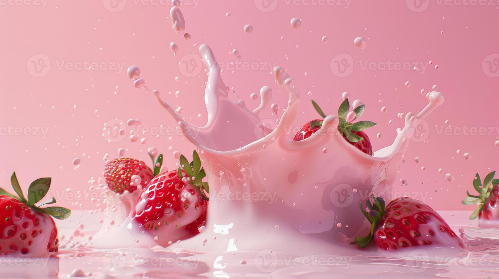 Strawberries with milk waves, Strawberry drink and strawberry yogurt advertising design. Strawberry milk shake, 3d render. High quality photo