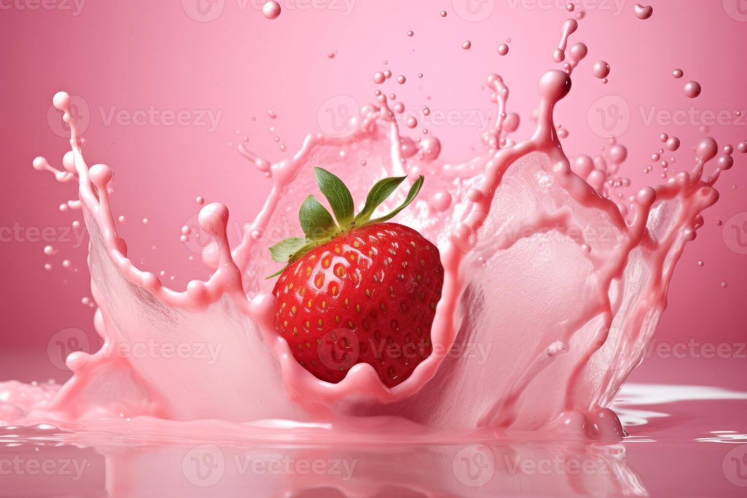 Strawberries with milk waves, Strawberry drink and strawberry yogurt advertising design. Strawberry milk shake, 3d render. High quality photo