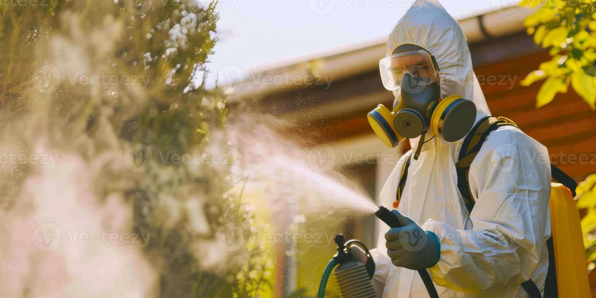 Person in hazmat suit disinfecting street with sprayer. Surface treatment during coronavirus pandemic. A guy from the pest control service in a mask and a white protective suit sprays poisonous gas photo
