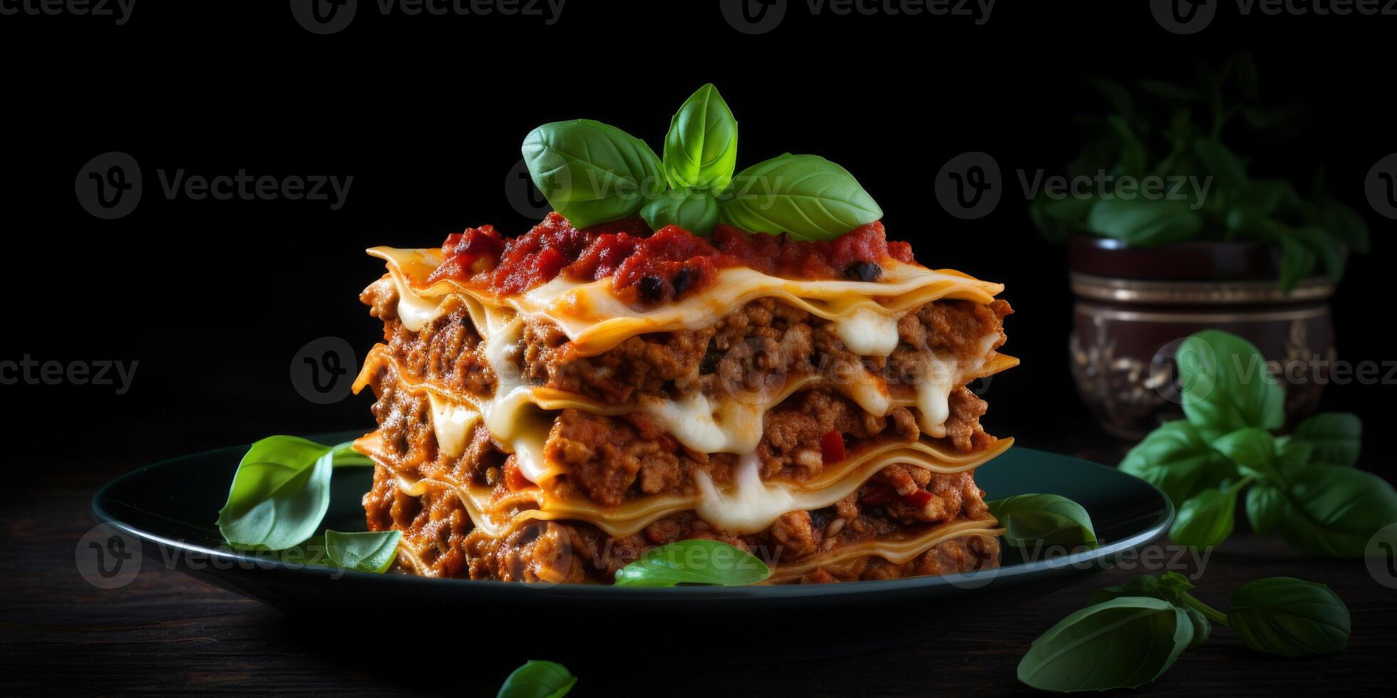 Delicious lasagna with meat sauce and cheese on dark background, hd photography of food, delicious bolognese pasta in the style of seihebricommerce stock photo contest winner. High quality photo