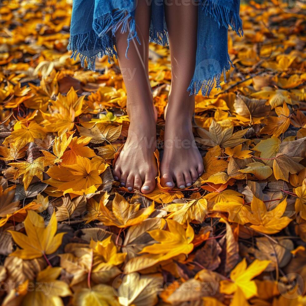 beautiful women's feet barefoot on autumn yellow leaves. yellow leaves ground foot nature. photo