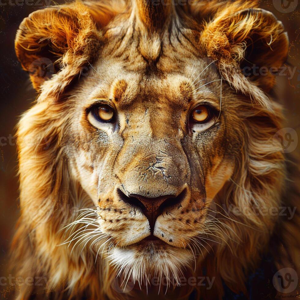 Lion face. Wild African lion looking forward. photo