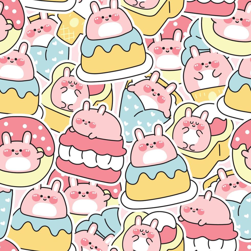 Seamless pattern of cute fat rabbit sticker in dessert and sweet bakery concept background vector