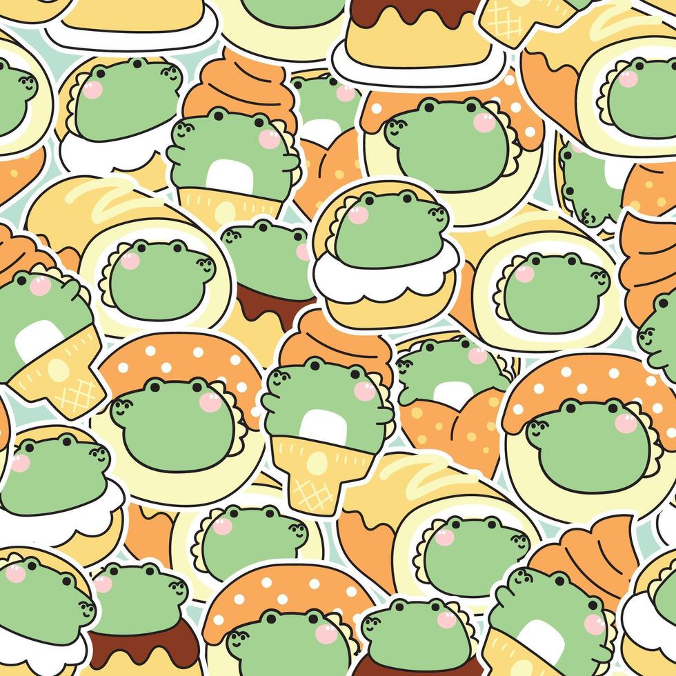Seamless pattern of cute fat crocodile sticker in dessert and sweet bakery concept background.Ice cream,crepe,roll cake,donut,pudding.Reptile animal character cartoon.Kawaii.Illustration. vector