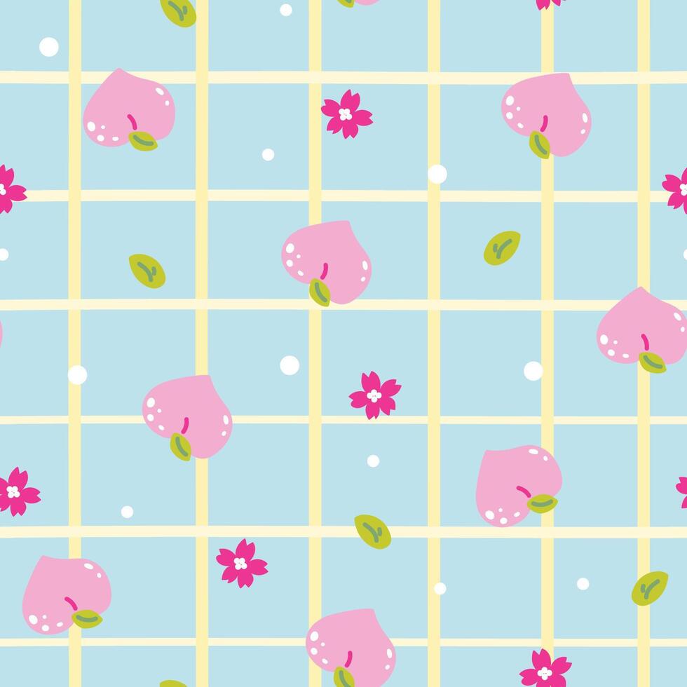 Semless pattern of cute peach with sakura flower and leaf pastel background.Japanese fruit hand drawn.Image for card,poster,clothing print screen.Kawaii.Illustration. vector