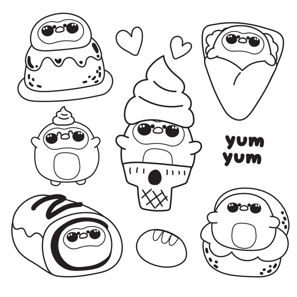 Coloring page.Painting book for kid.Cute fat penguin in dessert and sweet bakery concept.Ice cream,crepe,chucream,roll cake.Bird animal character cartoon.School student.Nursery.Kawaii. vector