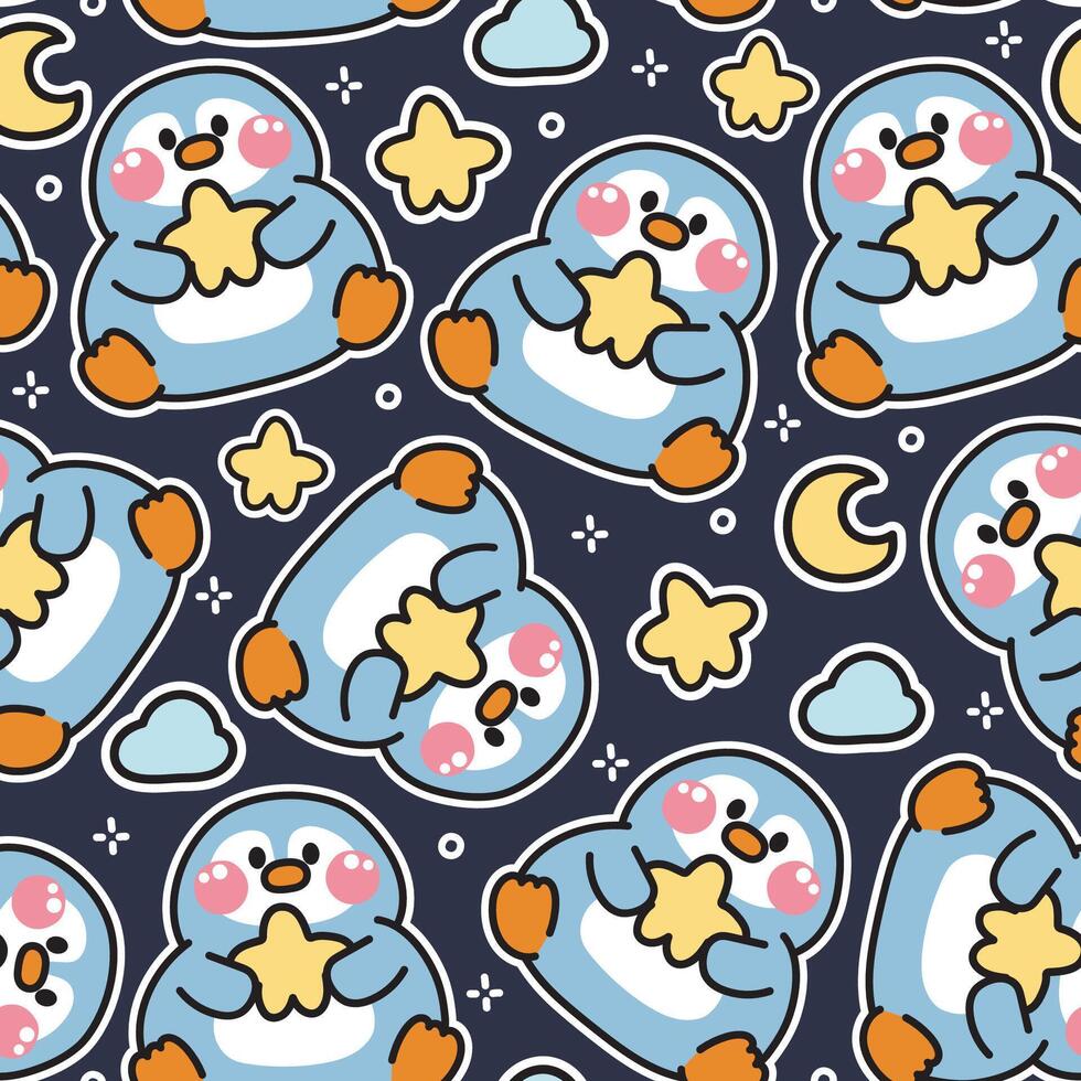 Seamless pattern of cute penguin with star and moon on night sky background.Bird animal character cartoon design.Image for card,baby product,print screen clothing.Kawaii.Illustration vector