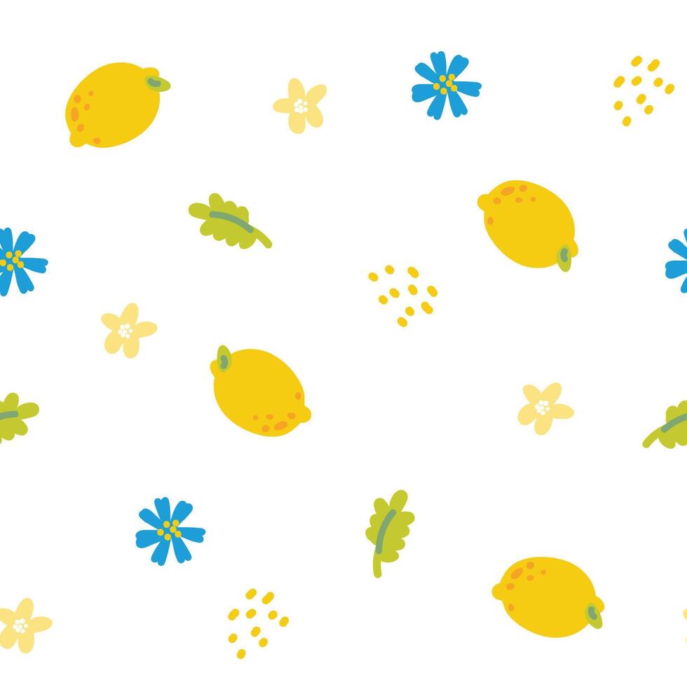 Semless pattern of cute lemon with flower and leaf on white background.Fruit and vegetables hand drawn.Image for card,poster,clothing print screen.Summer.Kawaii.Illustration. vector