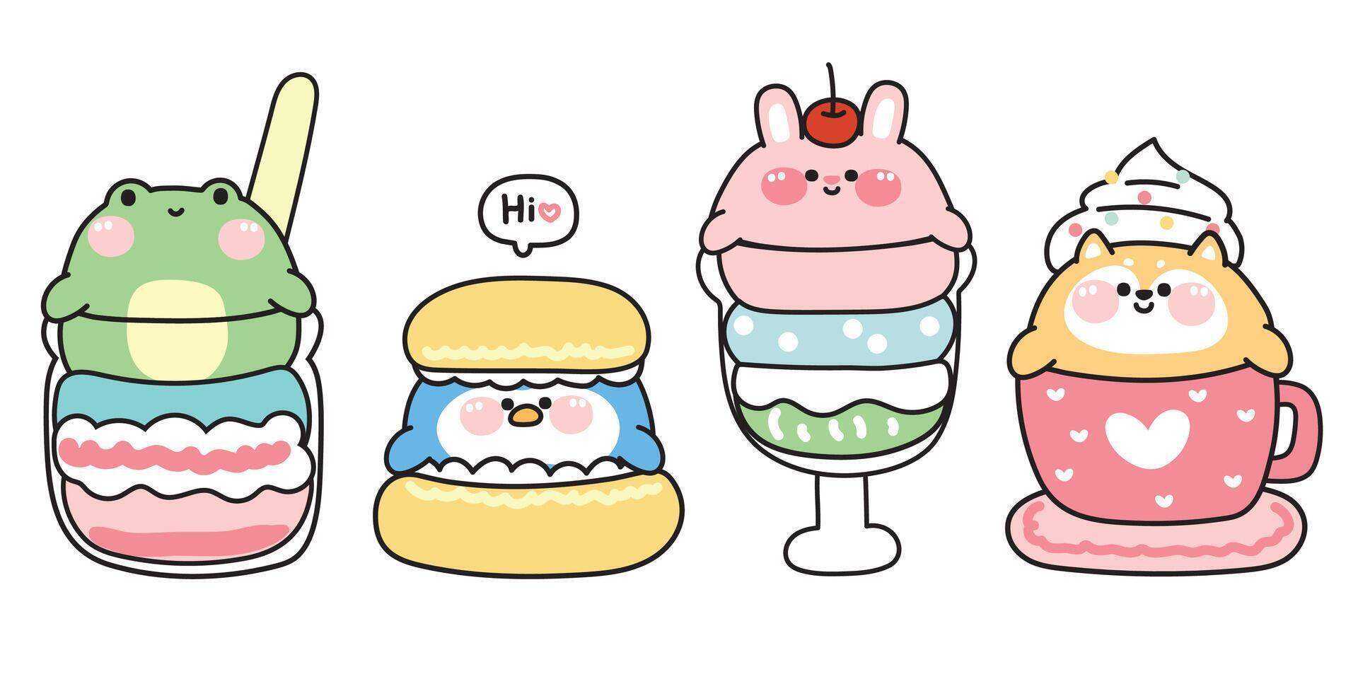 Set of cute chubby animals in dessert sweet and beverage.Cartoon animal character collection.Ice cream.Pudding.Coffee.Frog,penguin,rabbit,shiba inu dog hand drawn.Illustration. vector