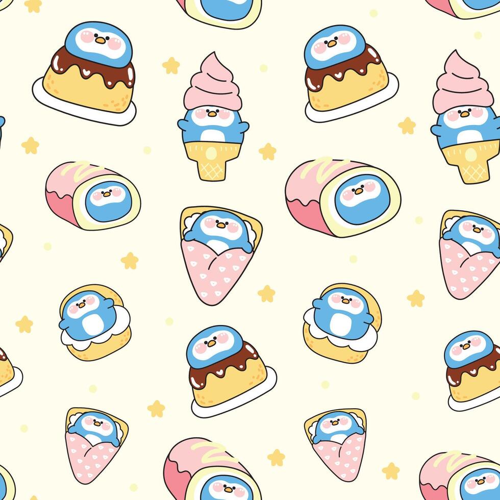 Seamless pattern of cute fat penguin with star in dessert and sweet bakery concept background.Ice cream,crepe,chucream,roll cake.Bird animal character cartoon.Kawaii.Illustration. vector