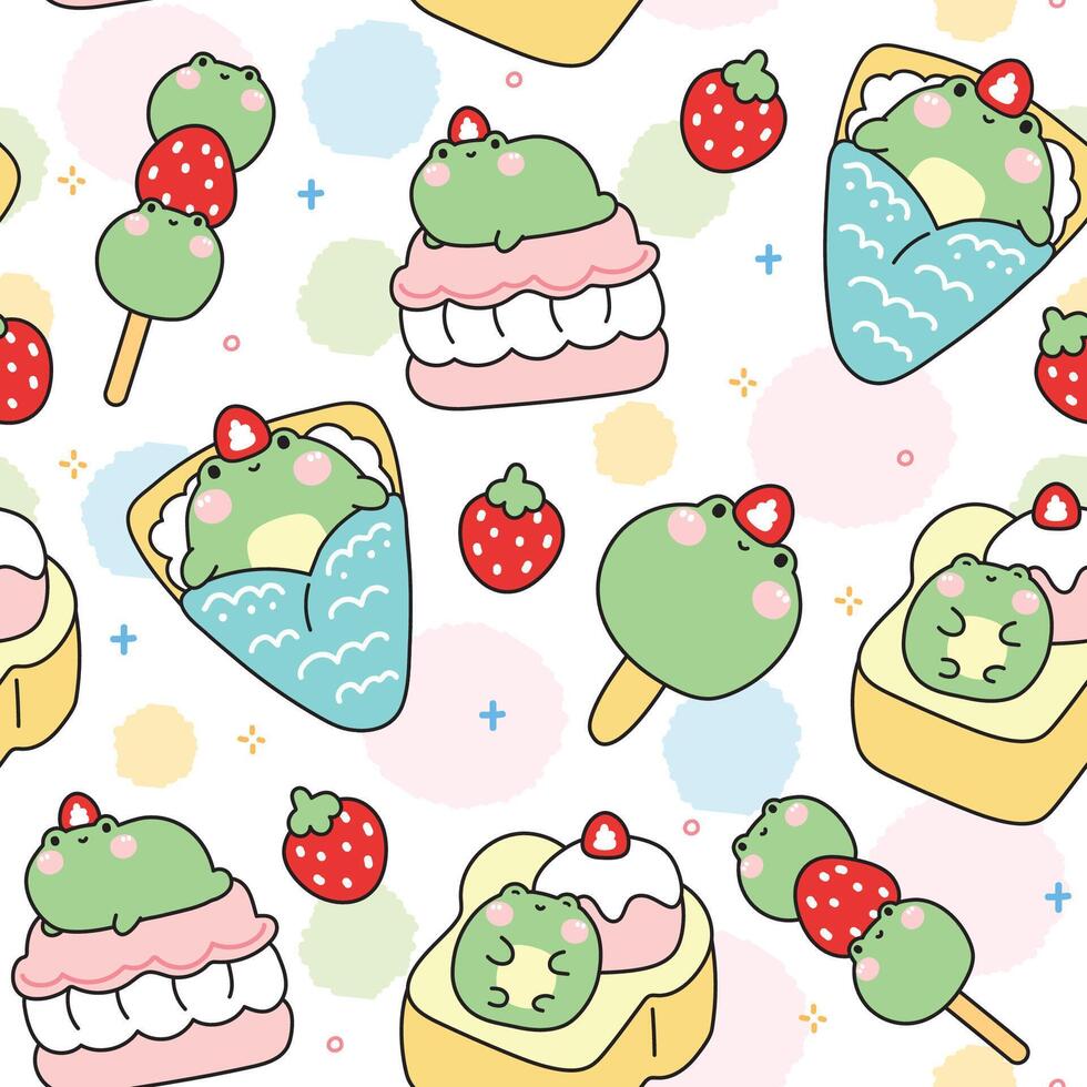 Seamless pattern of cute frog dessert and sweet bakery concept on white background.Ice cream,crepe,honey toast,strawberry.Reptile animal character cartoon.Kawaii.Illustration. vector