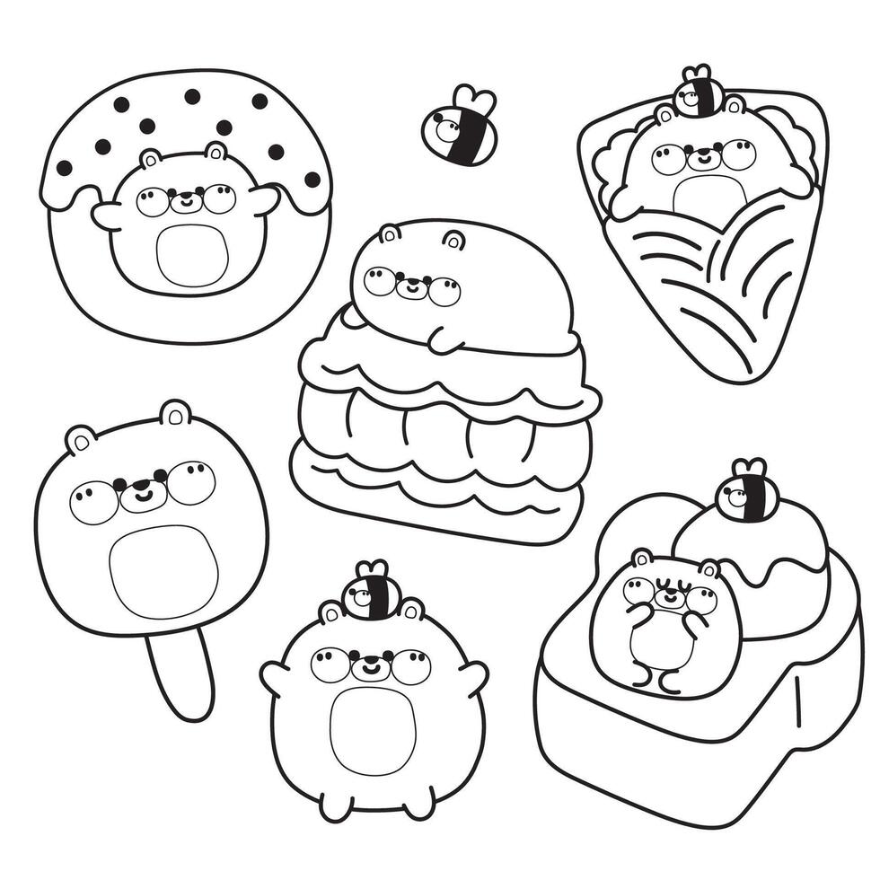 Coloring page.Painting book for kid.Cute fat teddy bear in dessert and sweet bakery concept.Ice cream,crepe,macaron,honey toast.Wild animal character cartoon.Kawaii.Illustration. vector