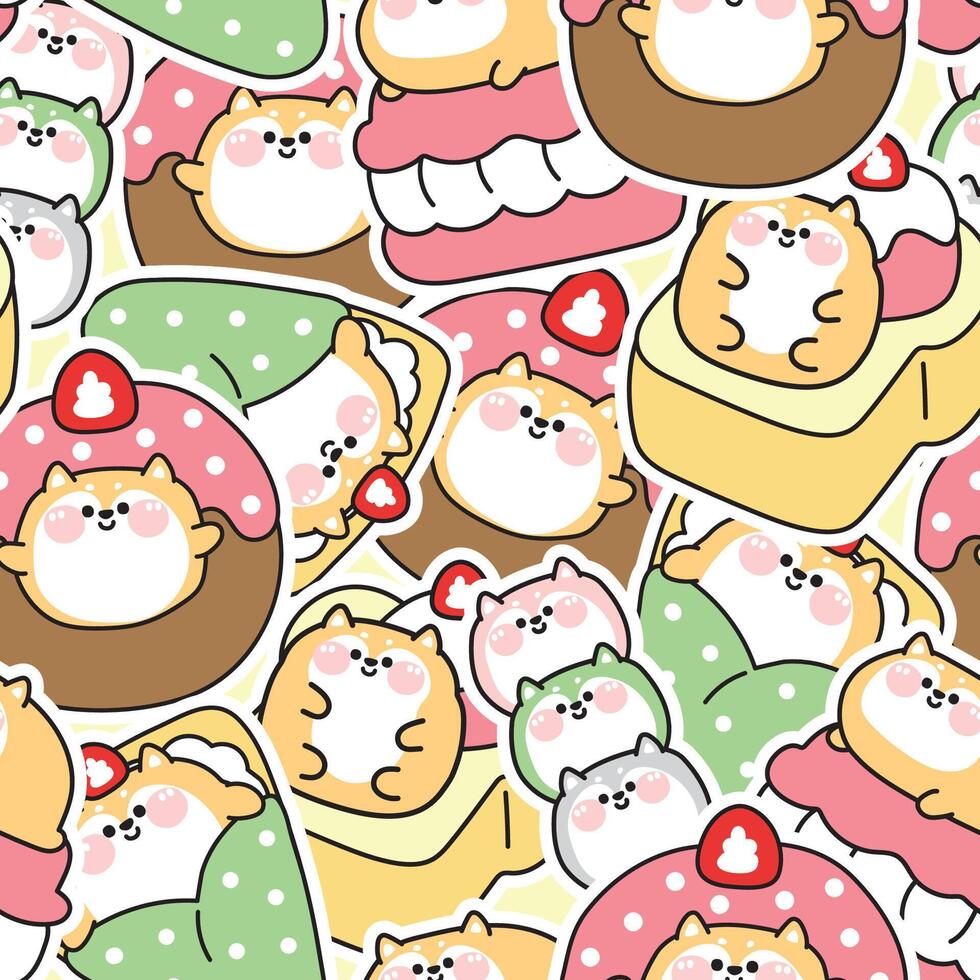 Seamless pattern of cute fat shiba inu dog sticker in dessert and sweet bakery concept background.Ice cream,crepe,donut,honey toast,dango.Japanese pet animal character cartoon.Kawaii. vector