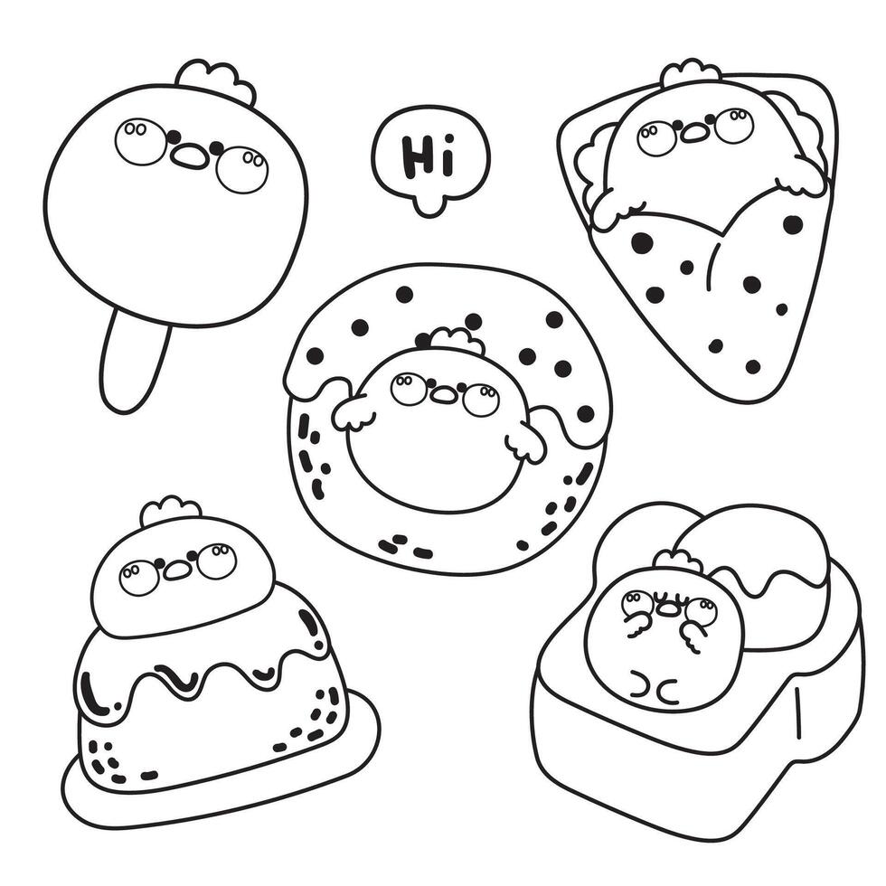 Coloring page.Painting book for kid.Cute fat hen in dessert and sweet bakery concept.Ice cream,crepe,pudding,honey toast.Farm animal character cartoon.Kawaii.Illustration. vector