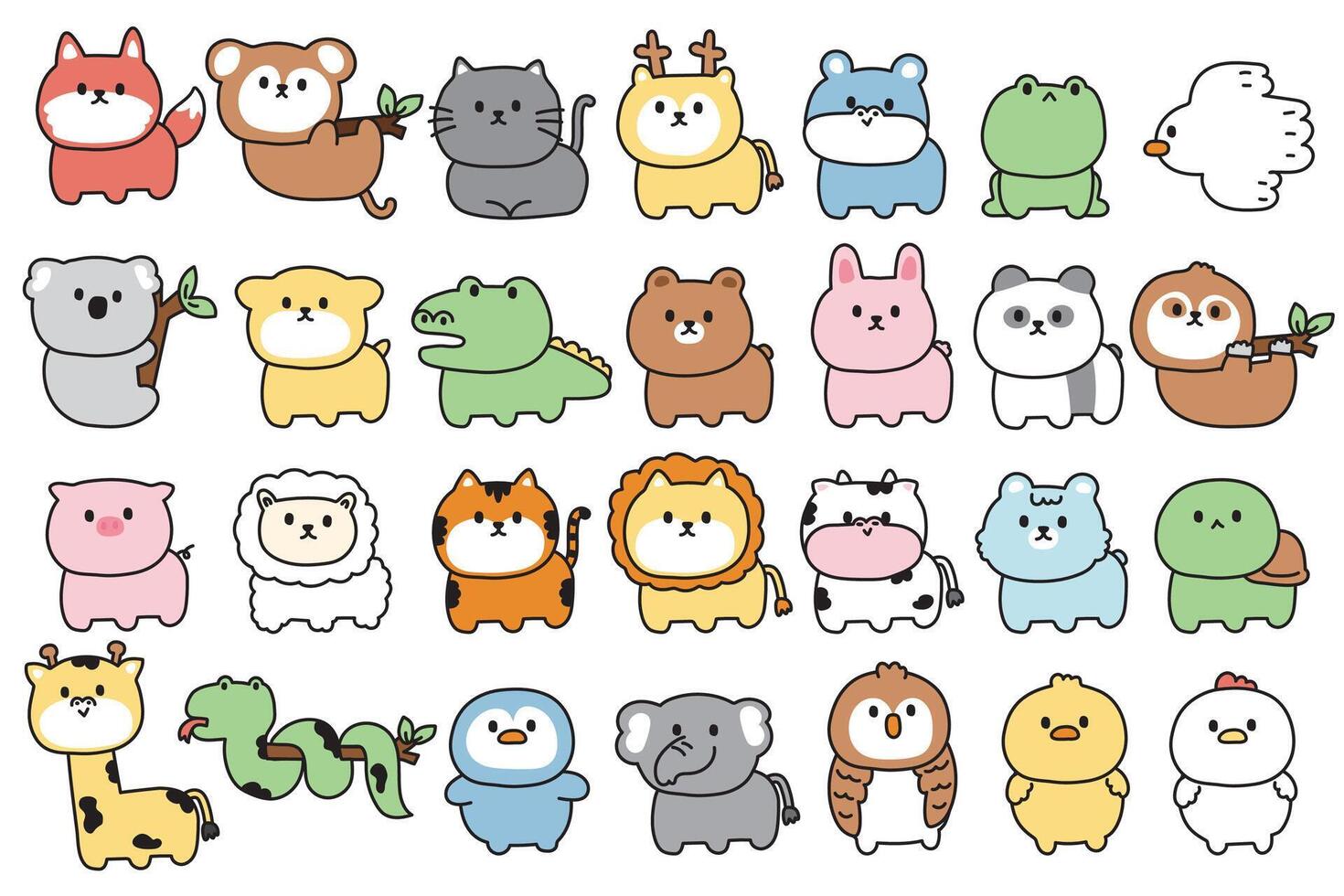 Big set of animals hand draw cartoon stand on white background.Wild,farm,pet,rodent,reptile,bird animal collection.Cute character smile face design.Kid graphic.Kawaii.Illustration. vector