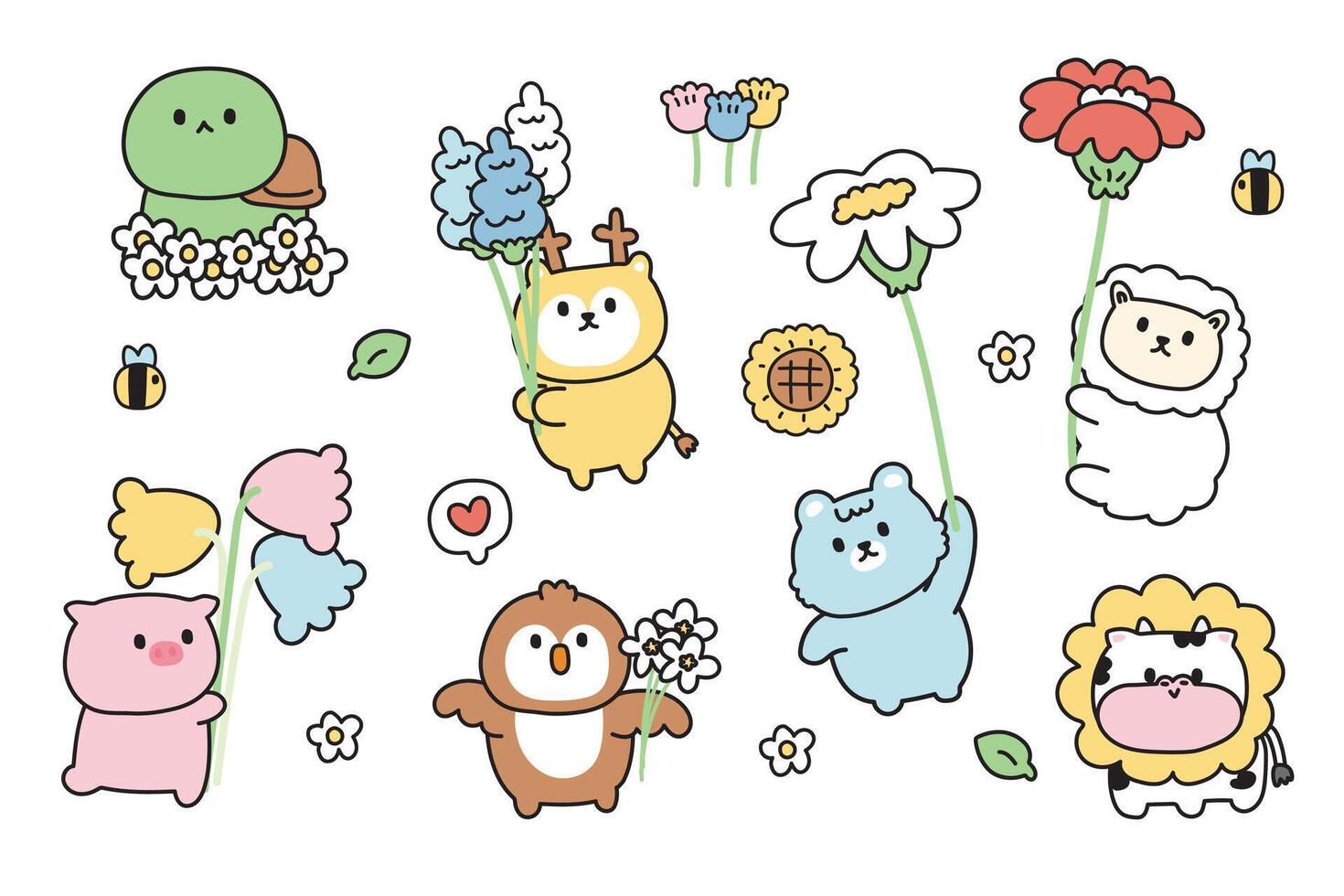 Set of cute animals with flower in various poses.Summer.Spring.Turtle,pig,owl,deer,bear,sheep,cow hand drawn.Cartoon character.Florals.Kawaii.Illustration. vector