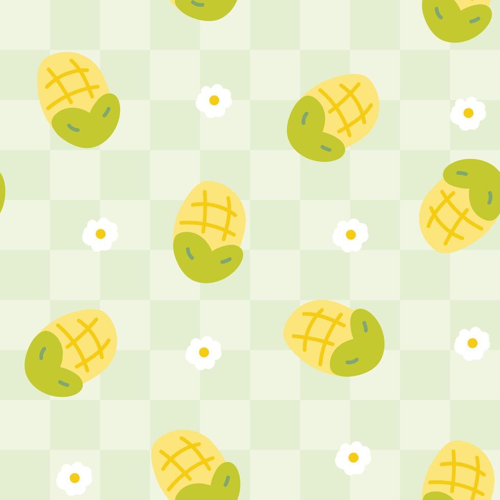 Semless pattern of cute corn with flower on pastel background.Fruit and vegetables hand drawn.Image for card,poster,clothing print screen.Autumn.Kawaii.Illustration. vector