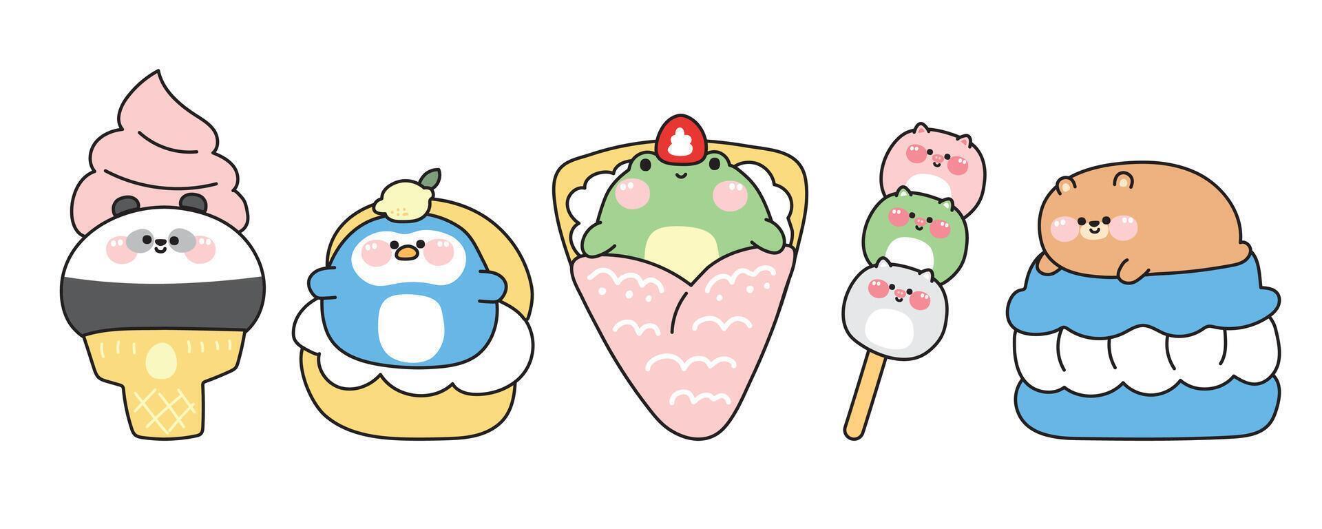 Set of cute fat animals in dessert and sweet concept.Cartoon.Panda bear ice cream.Penguin in chucream.Frog crepe strawberry.Pig face dango.Bear lay on macaron.Kawaii.Illustration. vector
