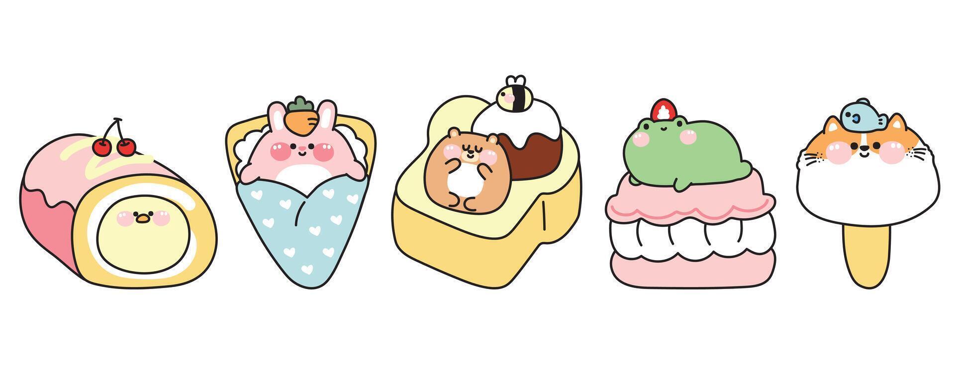 Set of cute animals in dessert and sweet concept.Cartoon.Chicken in roll cake.Rabbit crepe.Bear honey toast.frog macaron.Cat face ice cream.Kawaii.Illustration. vector